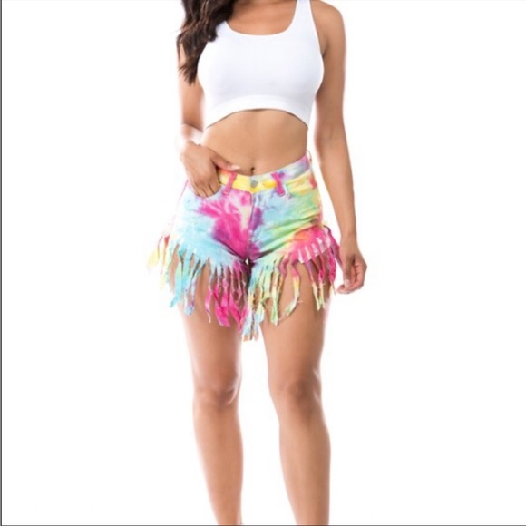 Rainbow Neon Tie Die Fringe Shorts Sz XL - Picture 2 of 10